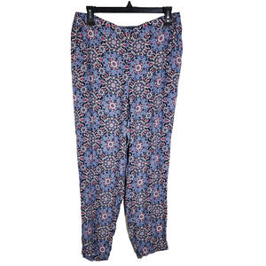 LOFT Women's Fluid Taper Pants Large Medallion Print Pull On Ankle Navy Viscose